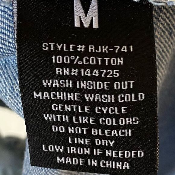 American Bazi Denim Blue Jean Jacket Distressed Long Length Size M - Picture 9 of 10